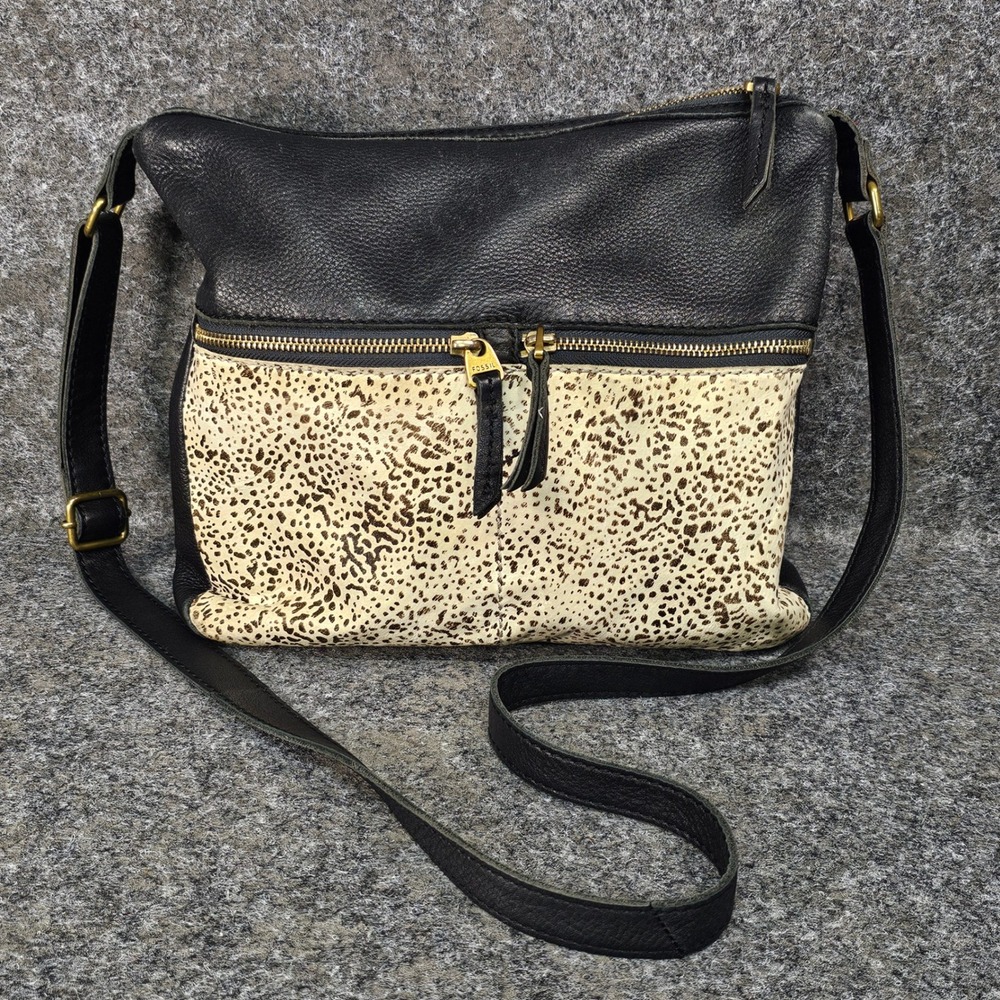 Fossil Erin Snow Leopard Leather Crossbody Bag Brass Hardware, Black  Cream